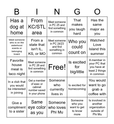 Find a Sister Bingo Card