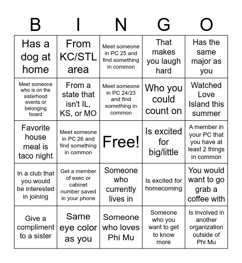 Find a Sister Bingo Card