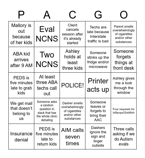 PAC-GO Bingo Card