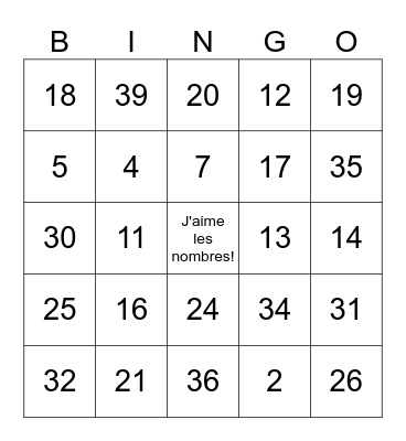 Les Nombres 1-31 Bingo Card
