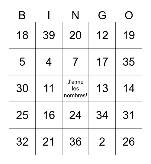 Les Nombres 1-31 Bingo Card