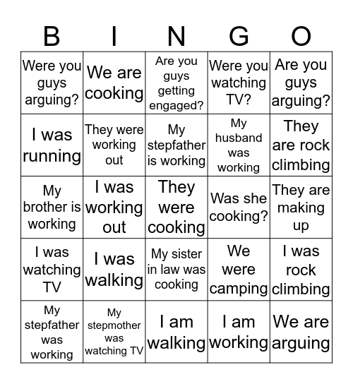 Present/Past Progressive Bingo (Inglés) Bingo Card