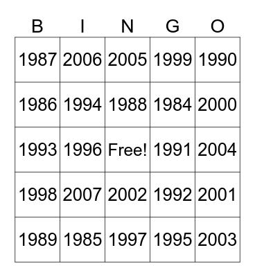Birth Year Bingo Card