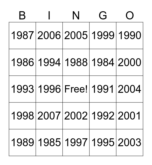 Birth Year Bingo Card
