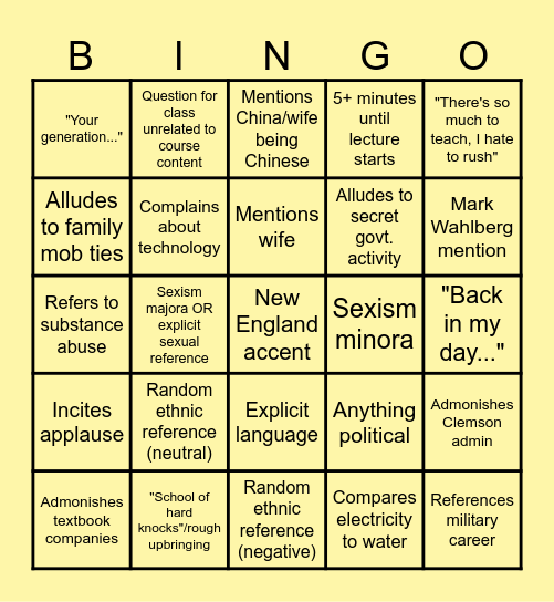 Brad White Lecture Bingo Card