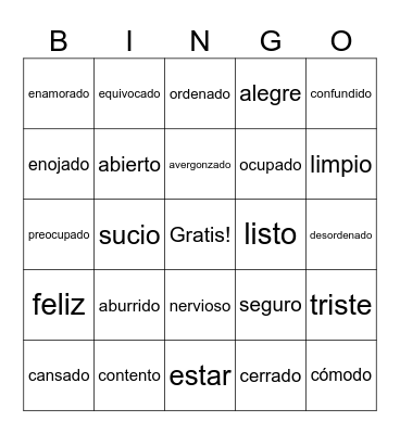 Estar with Conditions and Emotions Bingo Card