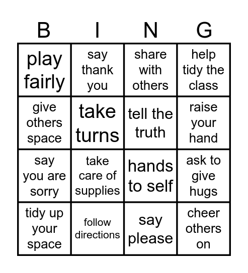 Show Respect BINGO Card