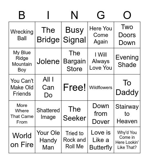 Dolly Parton Tribute Bingo Card
