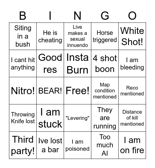 Hunt Letdown Bingo Card
