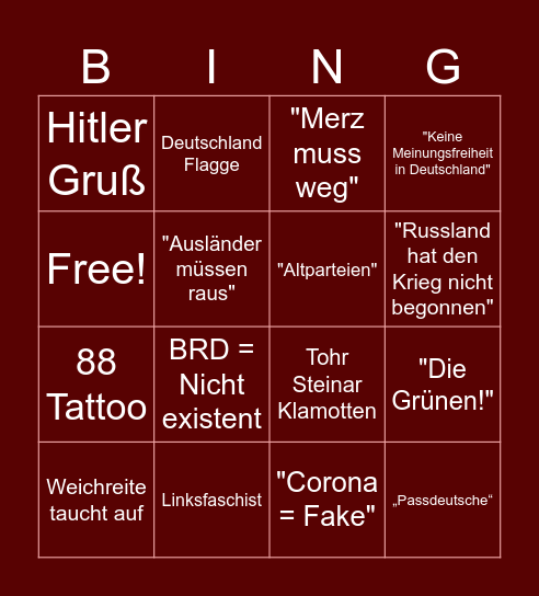 AfD Reaction Bingo Card