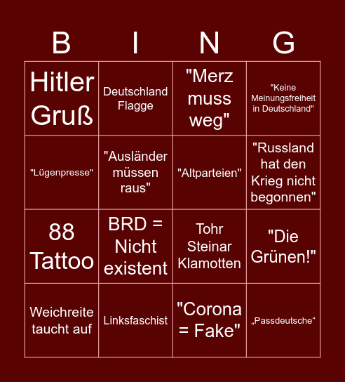 AfD Reaction Bingo Card