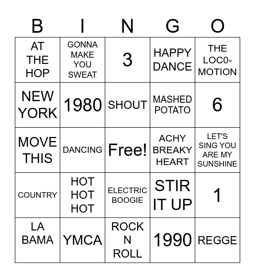 Let's Dance Bingo Card