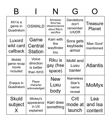 Kingdom Hearts IV Bingo Card