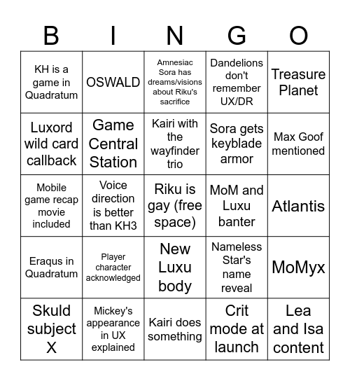 Kingdom Hearts IV Bingo Card