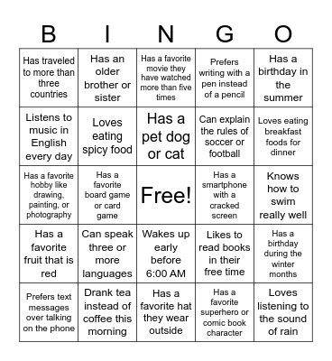 First Day of Class Bingo - Walk around the room and try to find someone who connects with one of the bingo squares. Write their name down, and only use someone's name once! Find someone who... Bingo Card