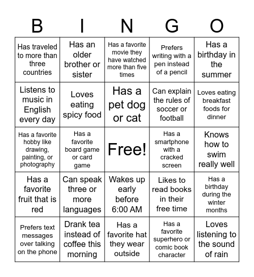 First Day of Class Bingo - Walk around the room and try to find someone who connects with one of the bingo squares. Write their name down, and only use someone's name once! Find someone who... Bingo Card