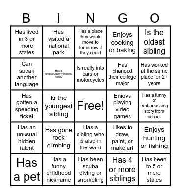 Logan YSA 33rd Elder's Quorum Bingo Card