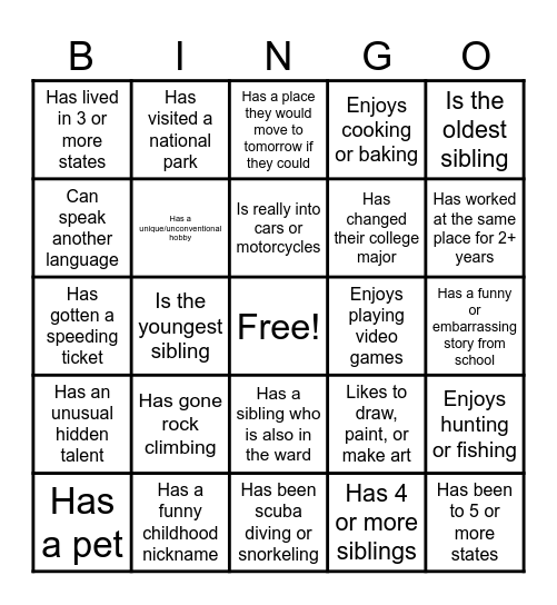 Logan YSA 33rd Elder's Quorum Bingo Card
