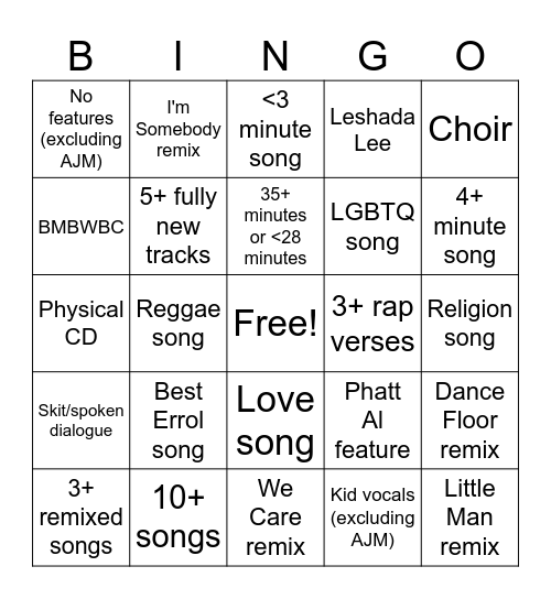 Errol Lee Bingo Card