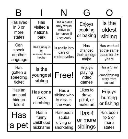 Logan YSA 33rd Elder's Quorum Bingo Card