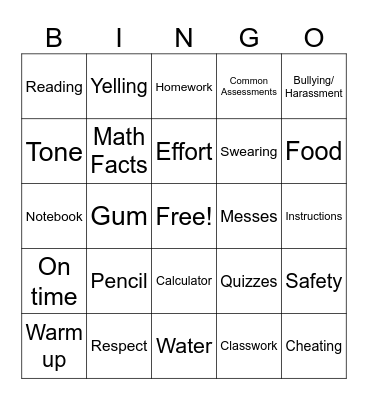 Back to School Bingo Card