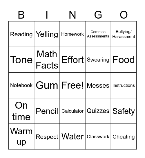 Back to School Bingo Card