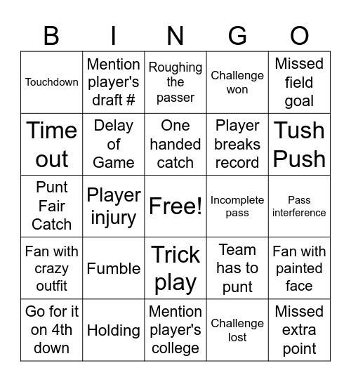 SWC Monday Night Football Bingo Card