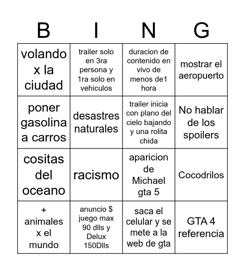 Bingo de GTA 6 Trailer de Netflix Bingo Card