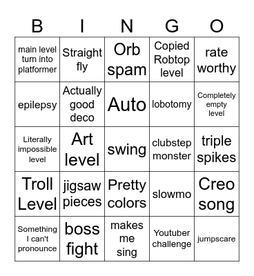 Recent Tab Bingo (Geometry Dash How-D) Bingo Card