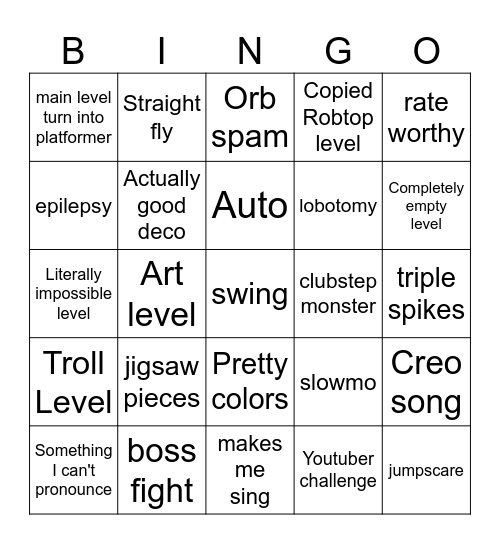 Recent Tab Bingo (Geometry Dash How-D) Bingo Card
