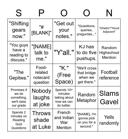 SPOONER BINGO Card