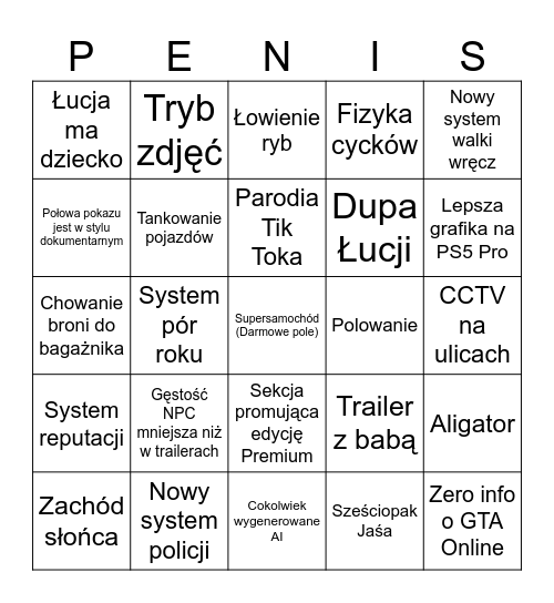 Grand Theft Auto VI Przedłużony Wgląd Bingo Card
