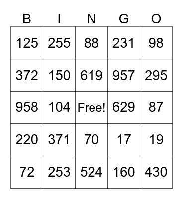 Place Value Bingo Card