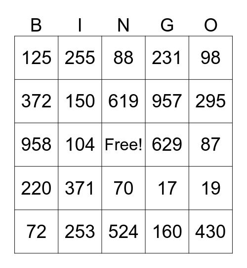 Place Value Bingo Card