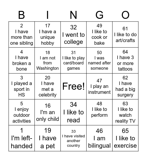 Get-to-know-You Bingo Card