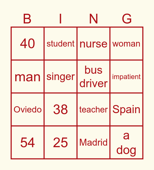 Personal information bingo Card