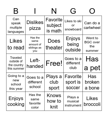 Get to Know You Bingo Card