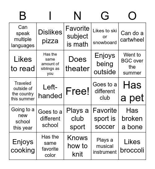 Get to Know You Bingo Card