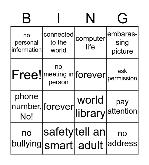 Internet Safety Bingo Card