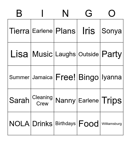 Dinner With the Girls Bingo Card
