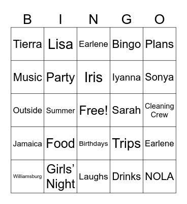 Dinner With the Girls Bingo Card