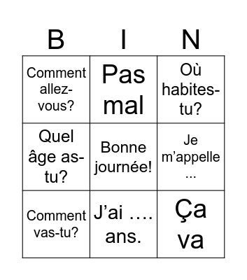 French questions and answers Bingo Card