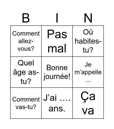French questions and answers Bingo Card