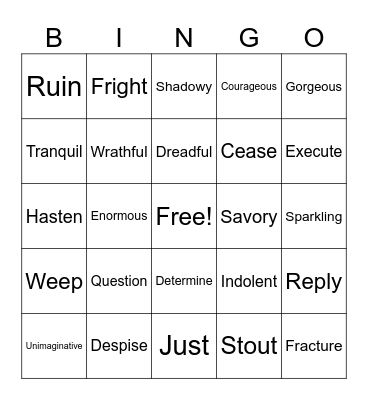 Synonym Bingo Card