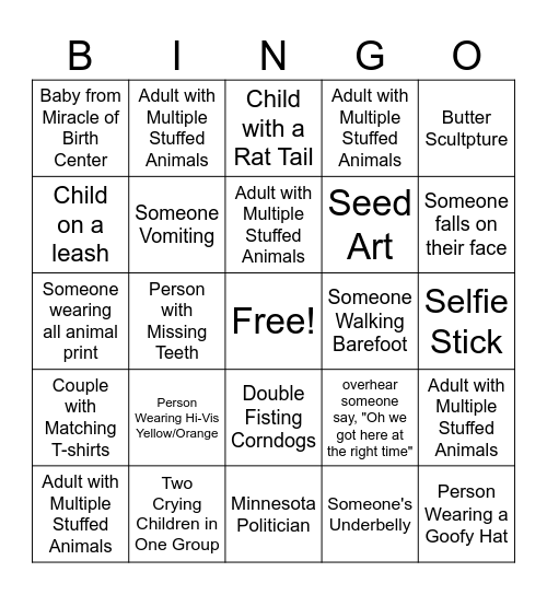 Minnesota State Fair Bingo Card