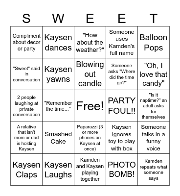 SWEET ONE Bingo Card