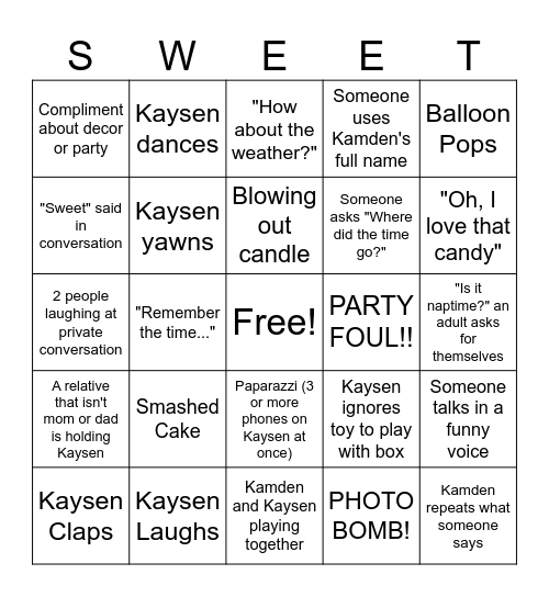 SWEET ONE Bingo Card