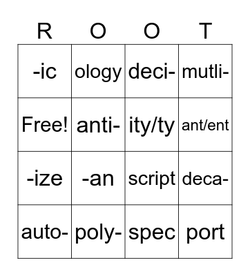 Morpheme Bingo- Root Words Bingo Card
