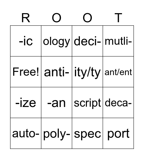 Morpheme Bingo- Root Words Bingo Card