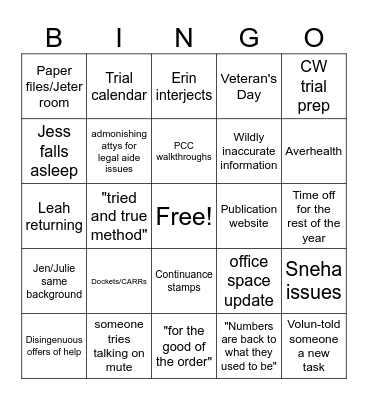 Attorney Meeting Bingo Card